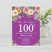 Paarse Floral Surprise 100th Birthday Invitation Kaart (Staand voorkant)
