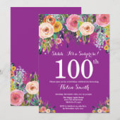 Paarse Floral Surprise 100th Birthday Invitation Kaart (Voorkant / Achterkant)