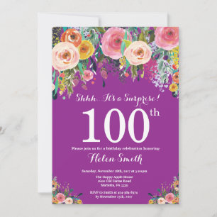Paarse Floral Surprise 100th Birthday Invitation Kaart