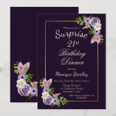 Paarse Floral Surprise 21ste verjaardag diner Kaart (Voorkant / Achterkant)
