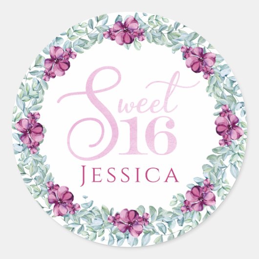 Paarse Floral Sweet 16 Ronde Sticker (Voorkant)