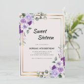 Paarse Floral Sweet Sixteen met gouden Lijst Kaart (Staand voorkant)