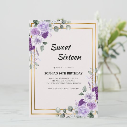Paarse Floral Sweet Sixteen met gouden Lijst Kaart (Staand voorkant)