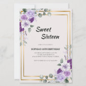 Paarse Floral Sweet Sixteen met gouden Lijst Kaart (Voorkant)