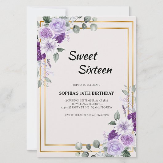 Paarse Floral Sweet Sixteen met gouden Lijst Kaart (Voorkant)