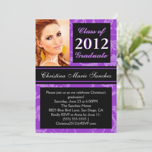 Paarse Floral Swirl 2012 Afstuderen Invite Kaart (Staand voorkant)