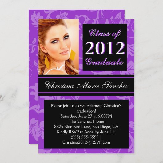 Paarse Floral Swirl 2012 Afstuderen Invite Kaart (Voorkant / Achterkant)