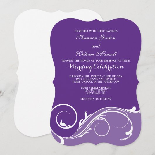Paarse Floral Swirl Bracket Wedding Invitae Kaart (Voorkant / Achterkant)