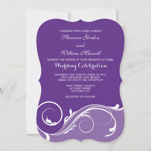 Paarse Floral Swirl Bracket Wedding Invitae Kaart (Voorkant)