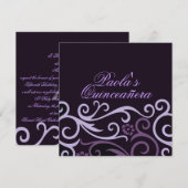 Paarse Floral Swirl Quinceañera Uitnodiging (Voorkant / Achterkant)
