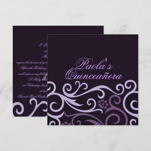Paarse Floral Swirl Quinceañera Uitnodiging (Voorkant / Achterkant)