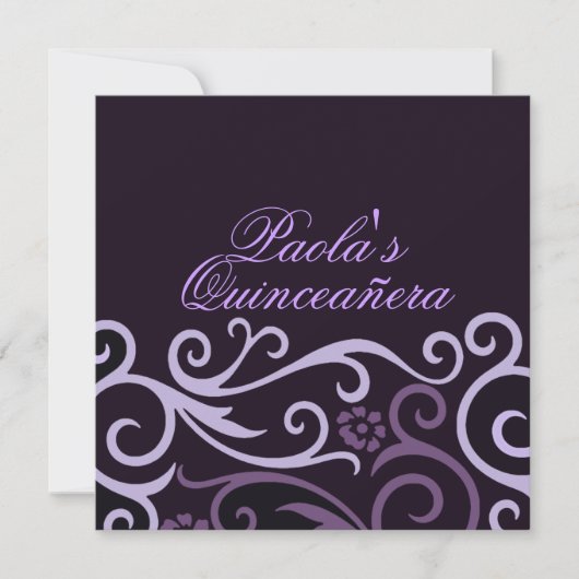Paarse Floral Swirl Quinceañera Uitnodiging (Voorkant)