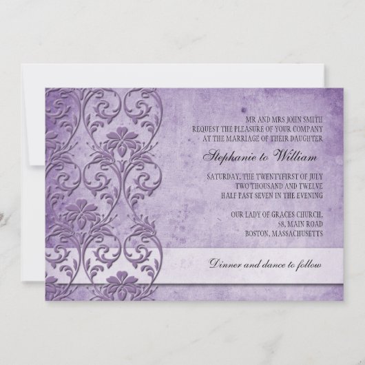 Paarse  Floral Swirl Wedding Invitation Kaart (Voorkant)