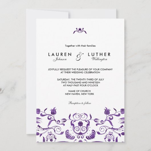 Paarse Floral Swirl Wedding of Bridal Invites 3455 Kaart (Voorkant)