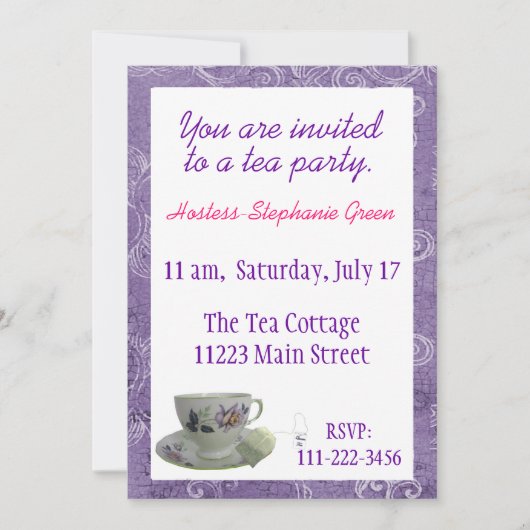 Paarse Floral Tea Party Kaart (Voorkant)