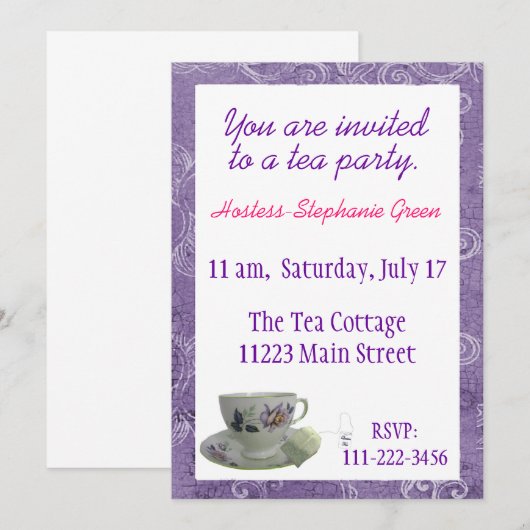 Paarse Floral Tea Party Kaart (Voorkant / Achterkant)