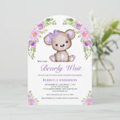 Paarse Floral Teddy Bear Arch Baby shower Kaart (Staand voorkant)