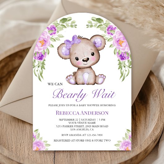 Paarse Floral Teddy Bear Arch Baby shower Kaart