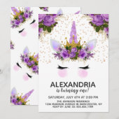Paarse Floral Unicorn Princess Birthday Kaart (Voorkant / Achterkant)