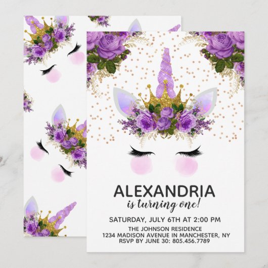 Paarse Floral Unicorn Princess Birthday Kaart (Voorkant / Achterkant)