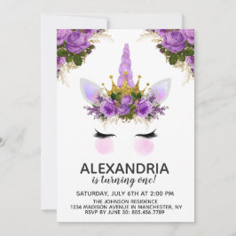 Paarse Floral Unicorn Princess Birthday Kaart