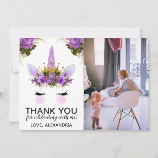 Paarse Floral Unicorn Princess Dank u Kaart (Voorkant)