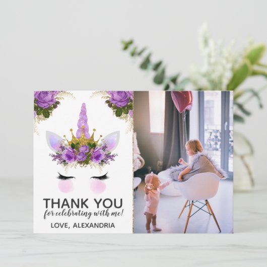 Paarse Floral Unicorn Princess Dank u Kaart (Staand voorkant)