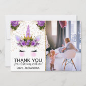 Paarse Floral Unicorn Princess Dank u Kaart (Voorkant)