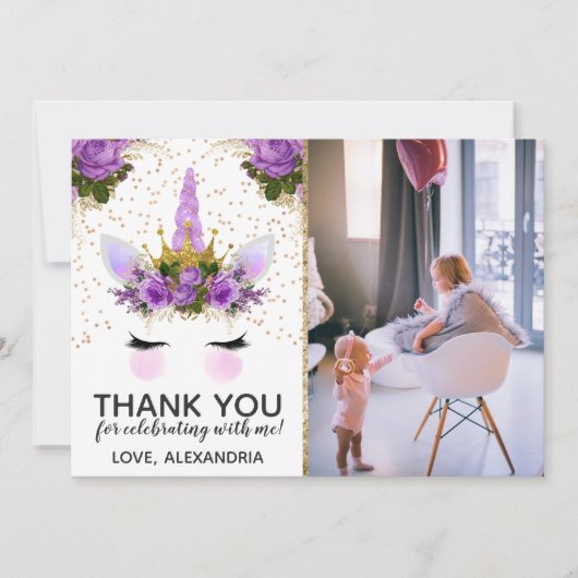 Paarse Floral Unicorn Princess Dank u Kaart (Voorkant)