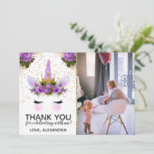 Paarse Floral Unicorn Princess Dank u Kaart (Staand voorkant)