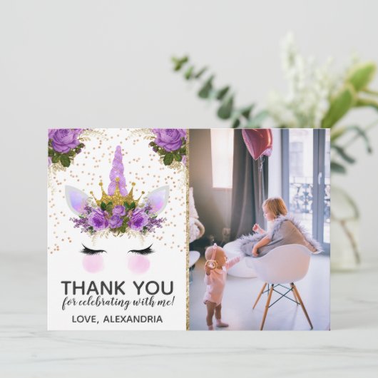 Paarse Floral Unicorn Princess Dank u Kaart (Staand voorkant)