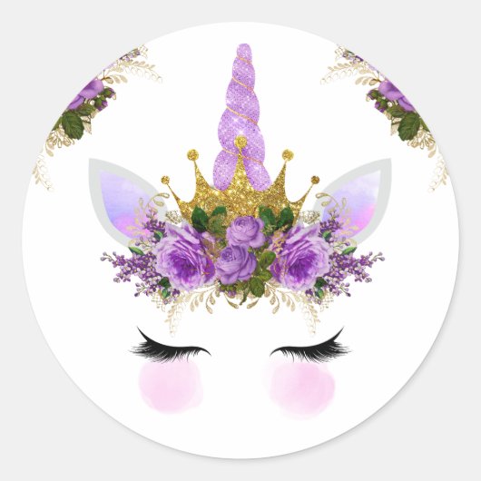 Paarse Floral Unicorn Princess Ronde Sticker (Voorkant)