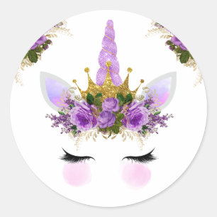 Paarse Floral Unicorn Princess Ronde Sticker