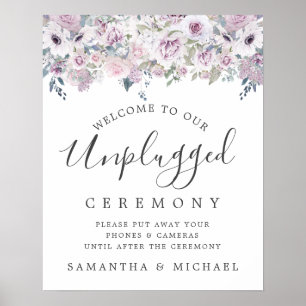 Paarse Floral Unplugged Wedding Ceremony Sign Poster