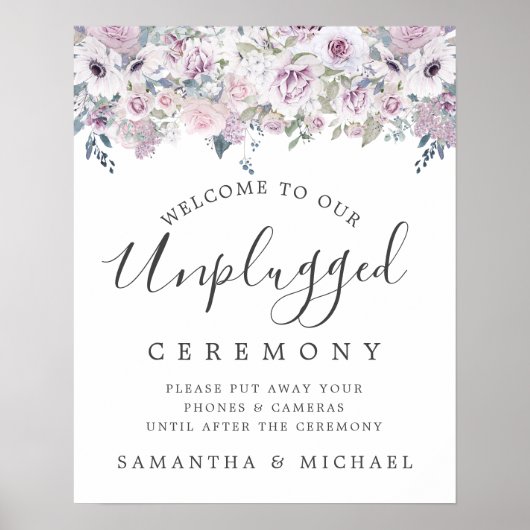 Paarse Floral Unplugged Wedding Ceremony Sign Poster (Voorkant)