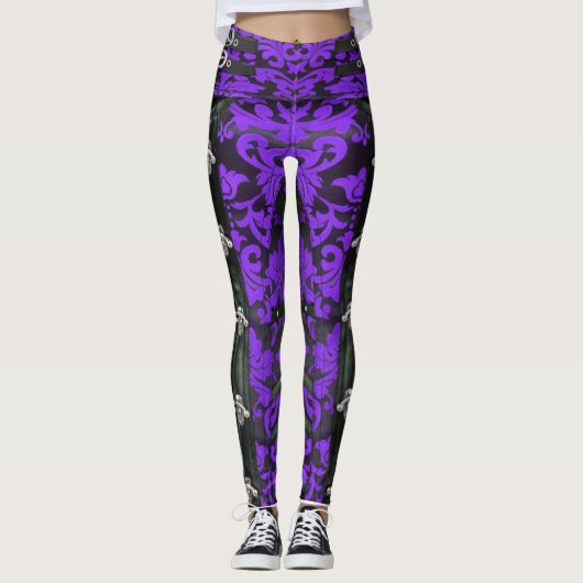 Paarse Floral Victoriaans Steampunk Spandex Leggin Leggings (Voorkant)