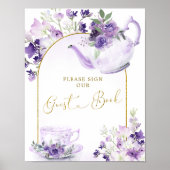 Paarse Floral Vrijgezellenfeest Tea Guest Book Sig Poster (Voorkant)