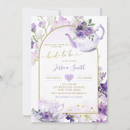Paarse Floral Vrijgezellenfeest Tea Party Invitati Kaart (Voorkant)