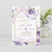 Paarse Floral Vrijgezellenfeest Tea Party Invitati Kaart (Staand voorkant)