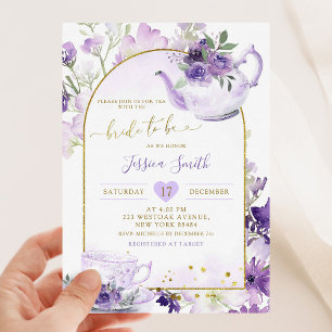 Paarse Floral Vrijgezellenfeest Tea Party Invitati Kaart