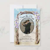 Paarse Floral Waterverf Beach Arbor foto bruiloft Save The Date (Voorkant)