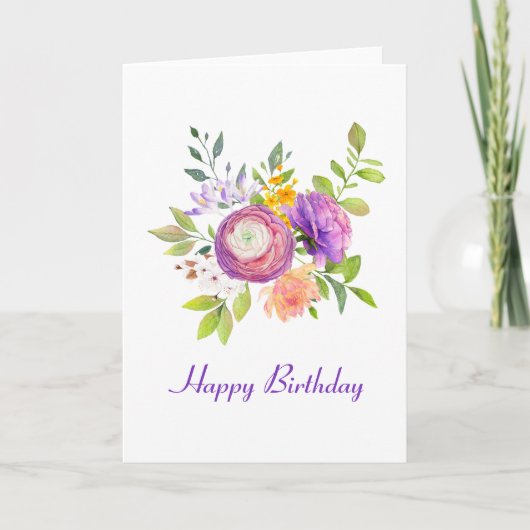 Paarse Floral Waterverf Birthday Kaart (Voorkant)