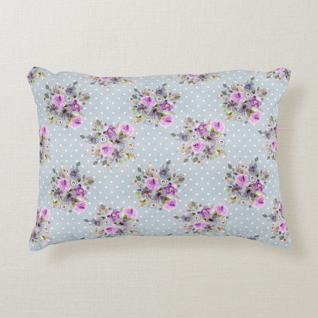 Paarse Floral Waterverf Blue White Polka Dot Accent Kussen (Voorkant)