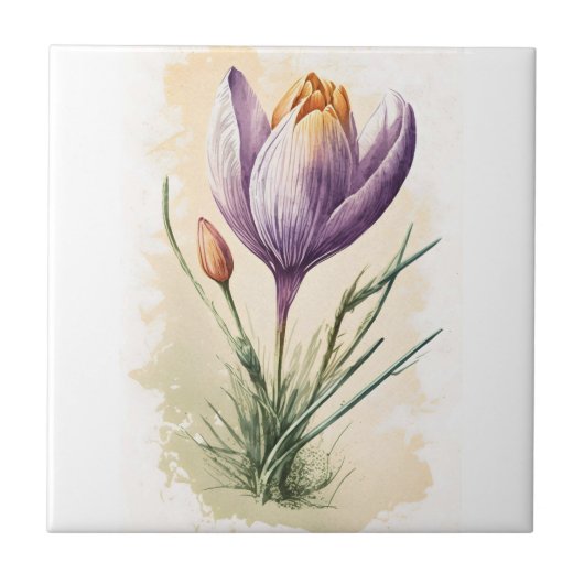 Paarse Floral Waterverf Crocus Kitchen Bathroom Tegeltje (Voorkant)