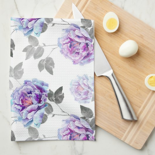 Paarse Floral Waterverf Dish Handdoek (Quarter Fold)