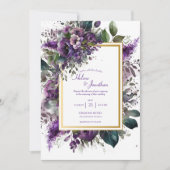 Paarse Floral Waterverf Elegant Boho Wedding Kaart (Voorkant)