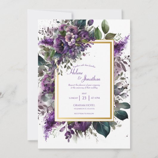 Paarse Floral Waterverf Elegant Boho Wedding Kaart (Voorkant)