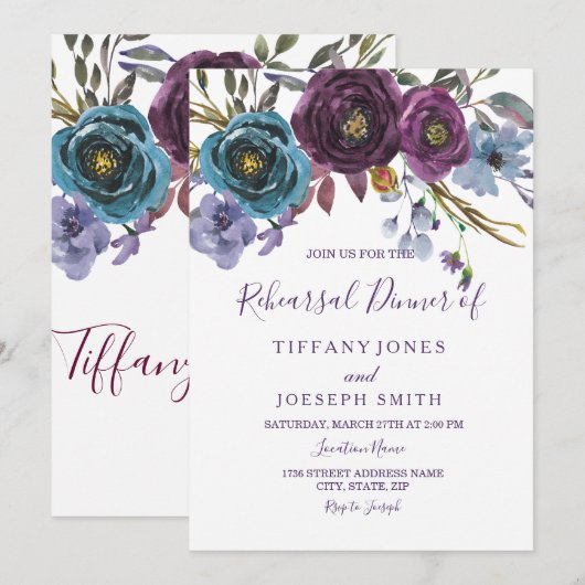 Paarse Floral Waterverf Elegant repetitief Dinner Kaart (Voorkant / Achterkant)