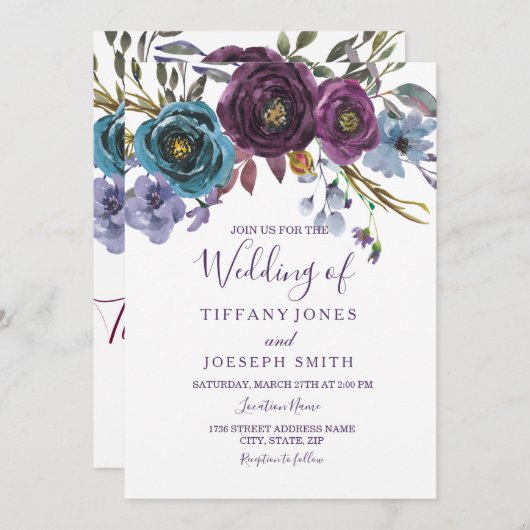 Paarse Floral Waterverf Elegant Wedding Invite Kaart (Voorkant / Achterkant)