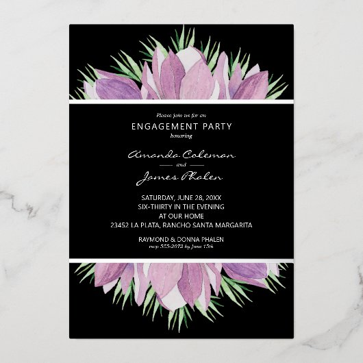 Paarse Floral Waterverf Engagement Party Folie Uitnodiging (Voorkant)